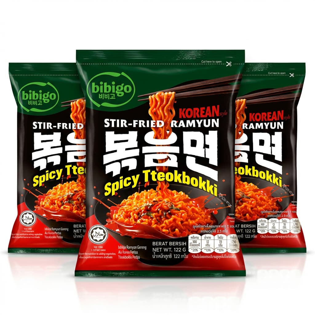 3 Bibigo Korean Stir Fried Ramyun Spicy Tteokbokki Flavor - 122 gm